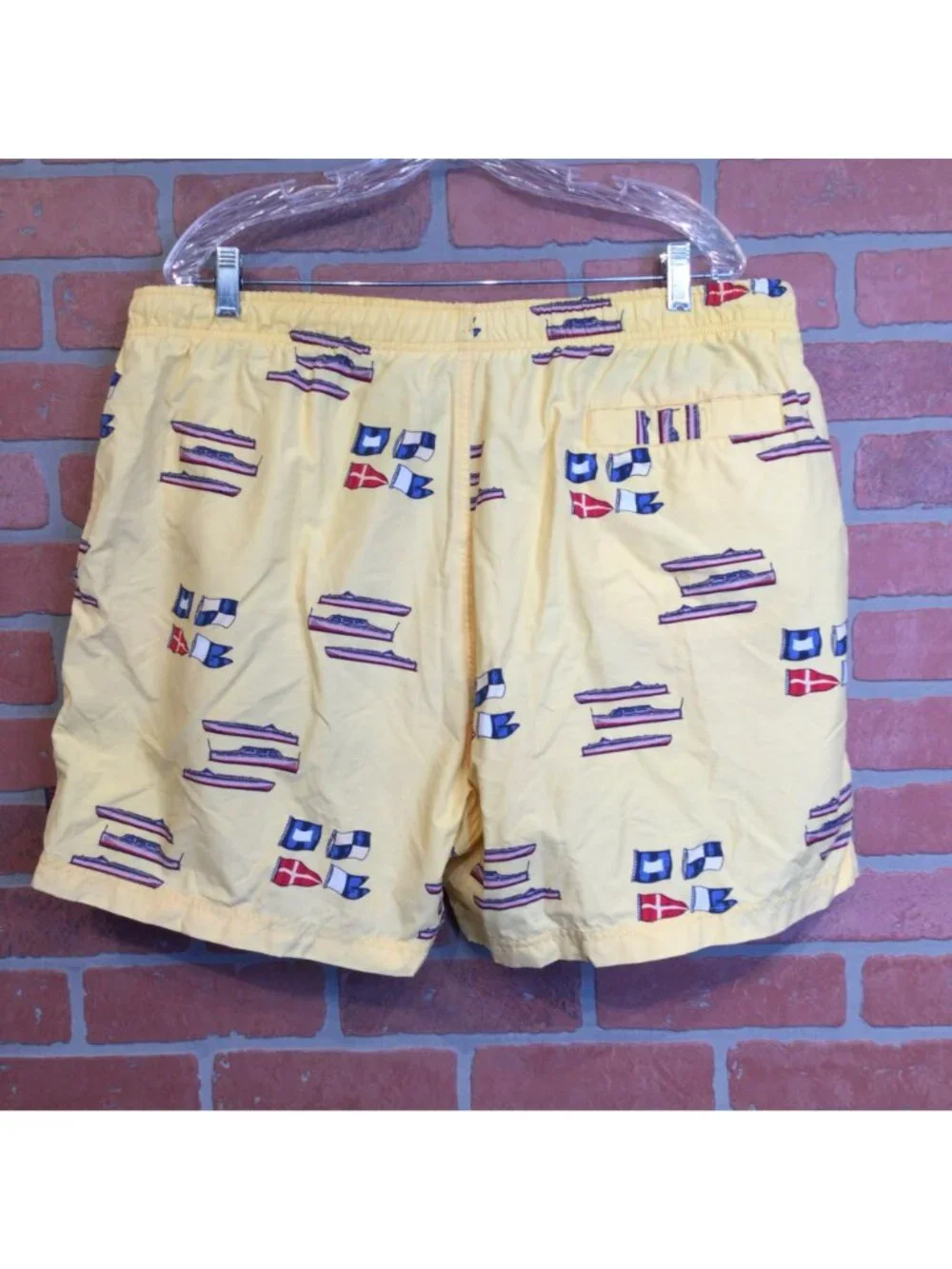 Vintage 90s Jantzen Mens Yellow Nautical Flag Swim Trunks XXL Mesh Lining Shorts